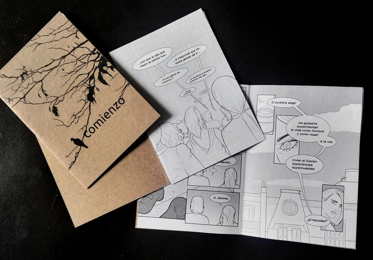 Several copies of a zine piled on a dark background. One of them is opened, showing a sequential spread